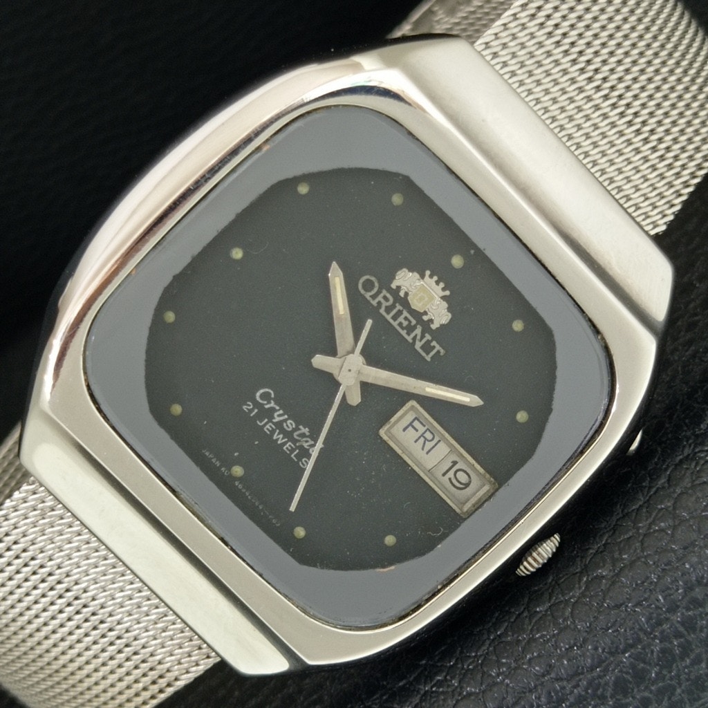 Vintage 1987 Square Orient Automatic Mens Silver Watch WDaydate  Black Accents